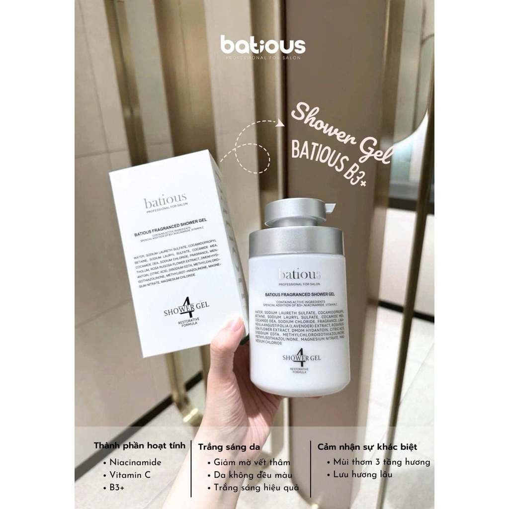 Sữa tắm BATIOUS B3+ 500ml hạn 2029 trắng da mờ thâm IS231