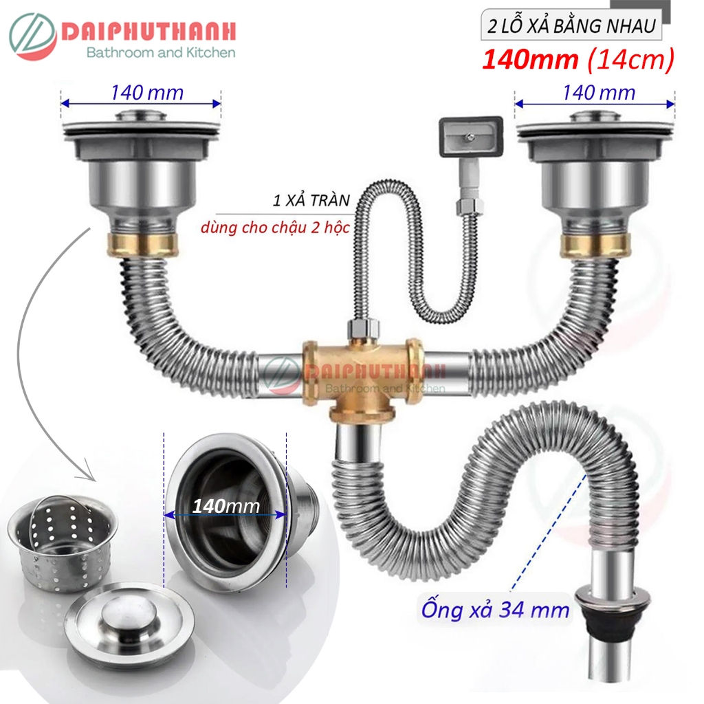 Bộ Xả Chậu Chén Xi Phông Inox 2 Hộc Phụ Kiện Thau Chịu Nhiệt Cao Thoát Nước Nhanh - Loại 2 hố phi 110 và 140