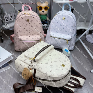 Balo đi học đi chơi size 40 hoạ tiết Kitty Cow quai to 6 ngăn vừa a4 chất da đẹp  kèm gấu treo  