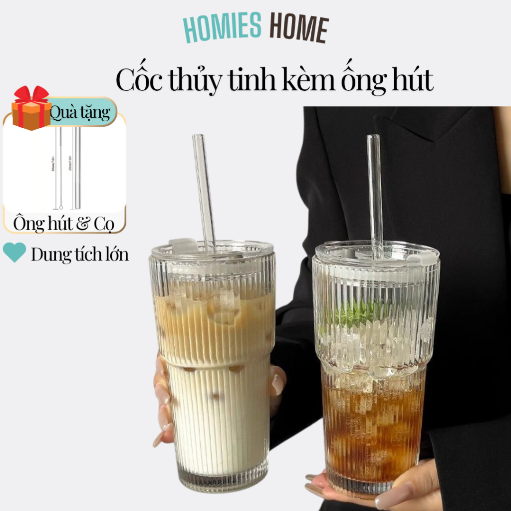Cốc thủy tinh có nắp trong suốt chịu nhiệt tốt kèm ống hút dung tích lớn