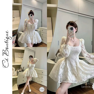    CÓ BIGSIZE   Váy nữ ren trắng dáng xòe tay dài phồng cổ vuông tiểu thư “ NHẸ NHÀNG “ sang chảnh – Cá Boutique 