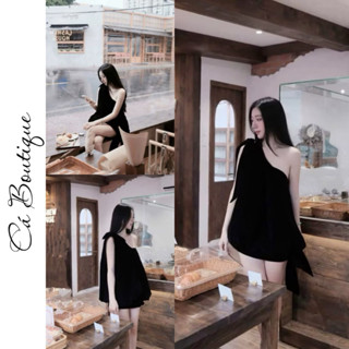  Đầm Dáng Suông Nhung Đen  "MỘT BÊN VAI THẮT NƠ"  Sang Chảnh Cá Boutique 