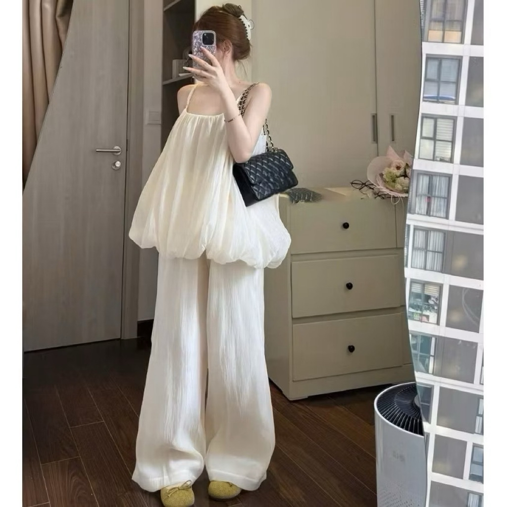 Set Đồ Nữ Áo Phồng Dáng Suông + “Quần Ống Rộng” Trắng Tiểu Thư | BigBuy360 - bigbuy360.vn