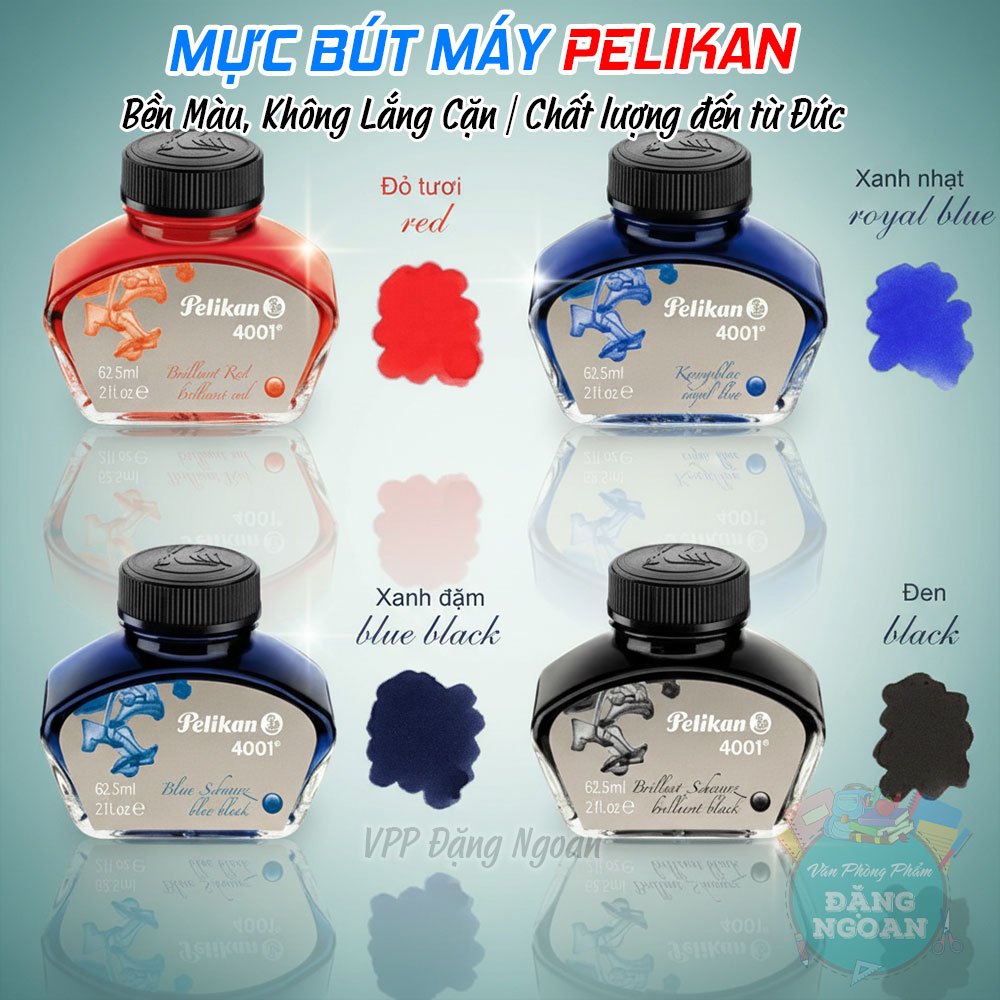 Mực Viết Máy Pelikan 4001 Đức 62.5ml - Màu Tím, Xanh, Đỏ, Đen - Bền Màu, Không Lắng Cặn