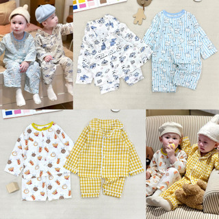  Sét 2 bộ Pijama dài tay cho bé trai bé gái tone xanh vàng dễ thương 