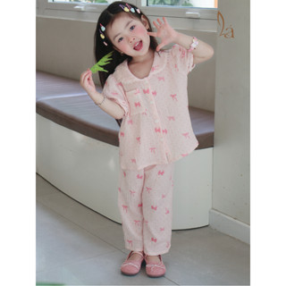 Đồ ngủ cho bé gái tay ngắn quần dài xô muslin Lá Homewear A319, pijama cổ sen viền ren hoa nhí xinh