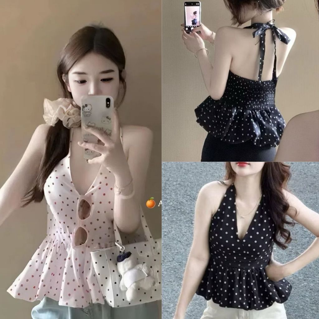 Áo yếm chấm bi nữ dáng xòe cổ yếm buộc dây hở lưng vải voan lụa 2 màu VANISA CT470