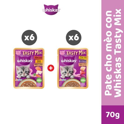 WHISKAS TASTY MIX Thức ăn cho mèo con dạng sốt - gói 70g, 12 gói