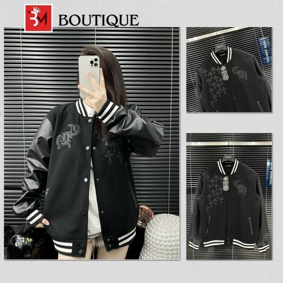 Áo Khoác Bomber Chrome Heart Phối Tay Da Thêu Hình - Áo Khoác Bomber Nam Nữ Chất Dạ Cao Cấp 880184
