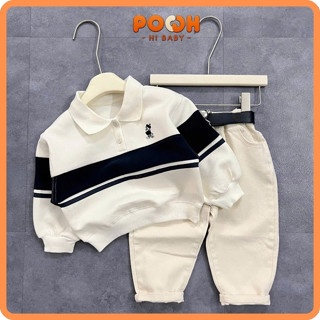 (8–30kg) Bộ Nỉ Chân Cua | Áo Cổ Bẻ Dài Tay Trắng Ngà In Mickey + Quần Kaki | Siêu Thoải Mái, Giữ Ấm Đầu Đông Cho Bé Trai