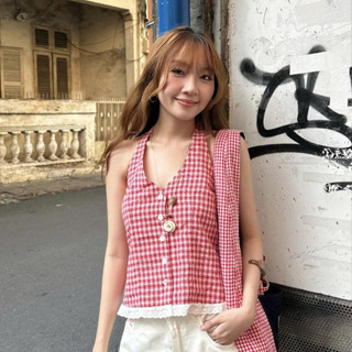  Áo yếm cột dây nữ Kahi Miều Est.2013 họa tiết caro cổ V phối ren viền dễ thương 