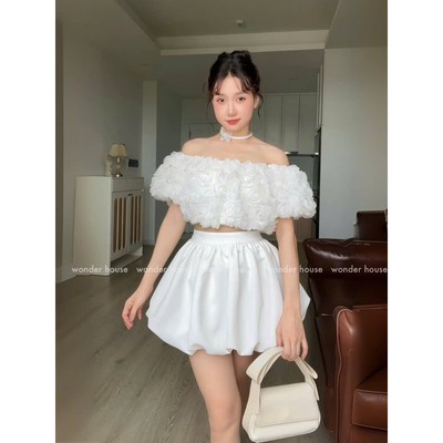 ( BÁN LẺ SẢN PHẨM-chỉ váy )  Mini Skirt Wonderhouse chân váy quả ngô có lót quần, Mini Top áo trễ vai họa tiết hoa