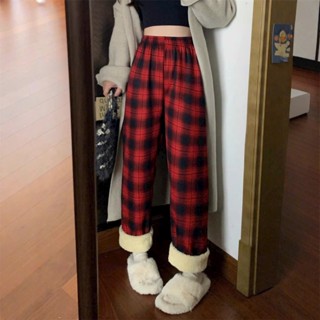  Quần ống rộng lót lông Quần bông kẻ dày lót lông dáng suông phối kẻ thời trang thu đông mẫu mới 2026 