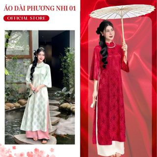 Áo Dài Cách Tân Lụa Gấm Tơ Cao Cấp Họa Tiết Thọ Rơi Dáng Suông - Áo Dài Phương Nhi