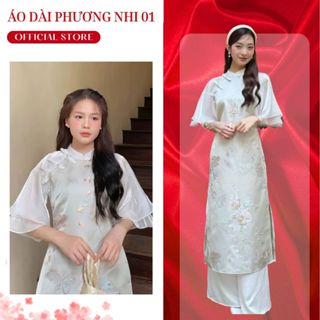 Áo Dài Cách Tân Dáng Xuông, Áo Dài Thanh Điệp Chất Gấm Hồ Điệp Tay Bống Đính Nơ Cực Xinh - Áo Dài Phương Nhi