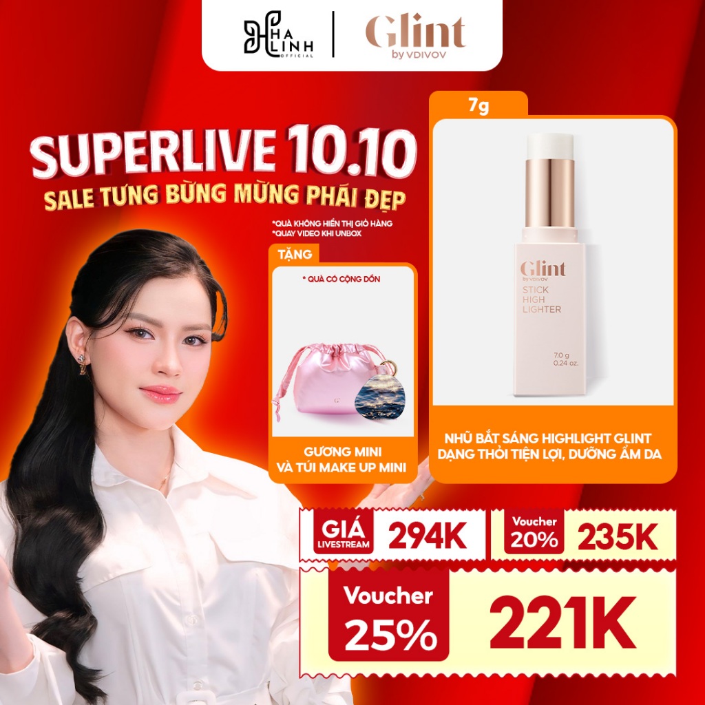   VHL x Glint By VDIVOV Official  Nhũ bắt sáng highlight Glint dạng thỏi 7g chứa bột ngọc trai GWP 1 Túi và 1 Gương mini 
