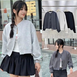 092 Áo khoác nỉ croptop cúc cài bo viền, áo nỉ dáng lửng cài cúc Bazic One