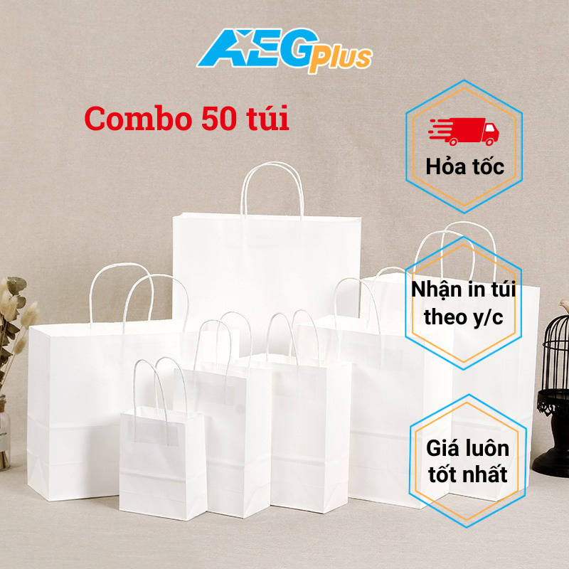 50 chiếc túi giấy kraft trắng, trơn loại dầy 120gsm dùng đựng quà tặng, sách, mỹ phẩm,...nhận in túi theo yêu cầu