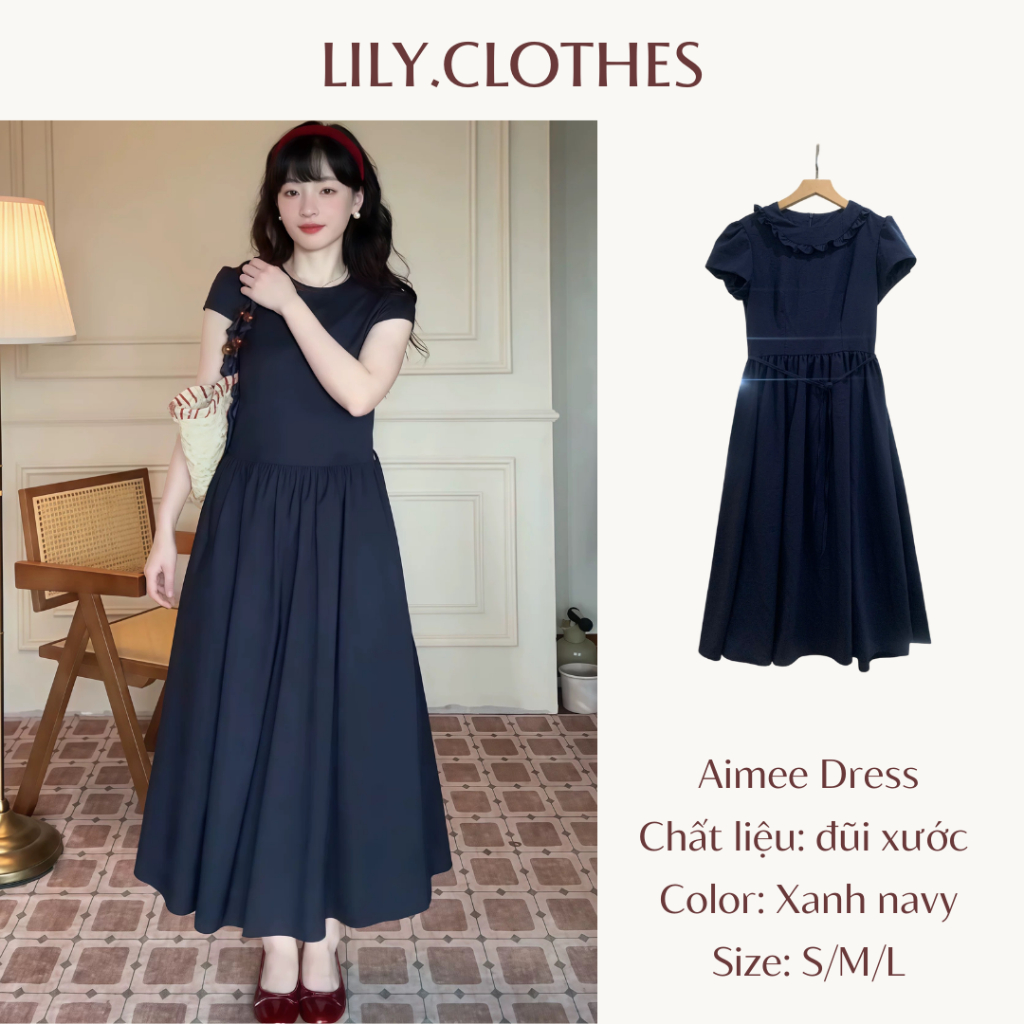 Lily.clothes- Váy đầm nữ dáng dài cổ bèo nhún Aimee Dress vải đũi xước xanh navy hai lớp basic nữ tính (V28) | BigBuy360 - bigbuy360.vn
