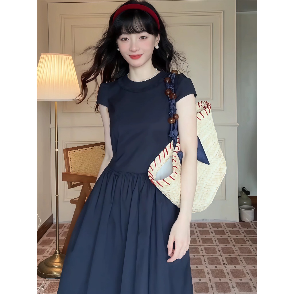 Lily.clothes- Váy đầm nữ dáng dài cổ bèo nhún Aimee Dress vải đũi xước xanh navy hai lớp basic nữ tính (V28) | BigBuy360 - bigbuy360.vn