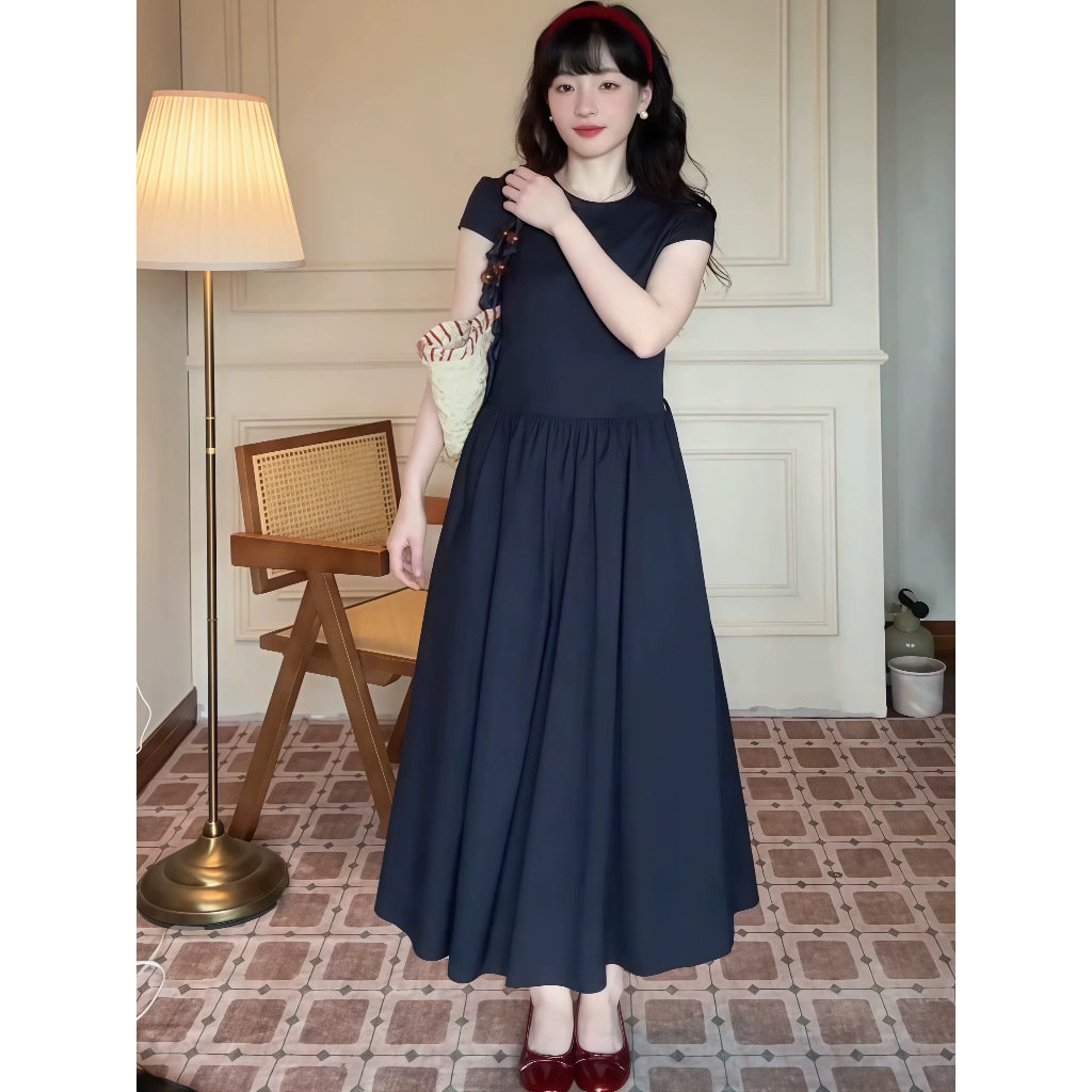 Lily.clothes- Váy đầm nữ dáng dài cổ bèo nhún Aimee Dress vải đũi xước xanh navy hai lớp basic nữ tính (V28) | BigBuy360 - bigbuy360.vn
