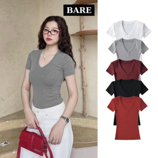 BARE_Áo Thun Cổ Tim Trơn Basic Cotton Lông Mịn, Áo Thắt Eo Nữ Có Đệm Vai Siêu Hách Dáng_AT048