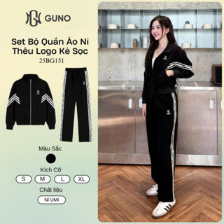 Bộ Quần Áo Nỉ Thu Đông Nữ GUNO Umi Hàn Cao Cấp Cổ Bẻ Kéo Khóa Kèm Quần Suông Phối Sọc Chữ 25BG151