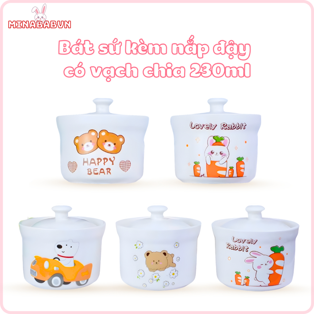 Bát Sứ Kèm Nắp Đậy Có Vạch Chia 230ml, Bát Sứ Cho Bé Ăn Dặm Nhiều Hình Dễ Thương Dung Tích 230ml  An