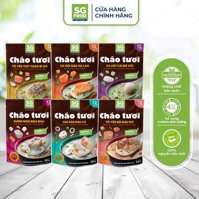 Lốc 62 - 6 cháo tươi ăn liền SG Food 240g (Tổ Yến Thịt, Sườn Non, Cá lóc, Cá Hồi, Hải sản, Tổ Yến Bò)