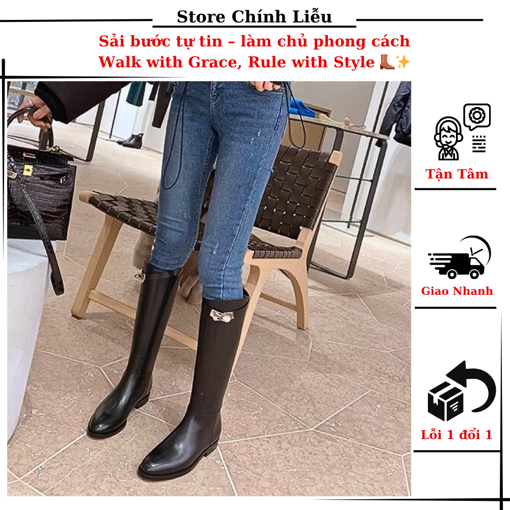 Bốt Cao Cổ Da Đen Khóa Bạc – Elegant High Knee Leather Boots | Chính Liễu Store