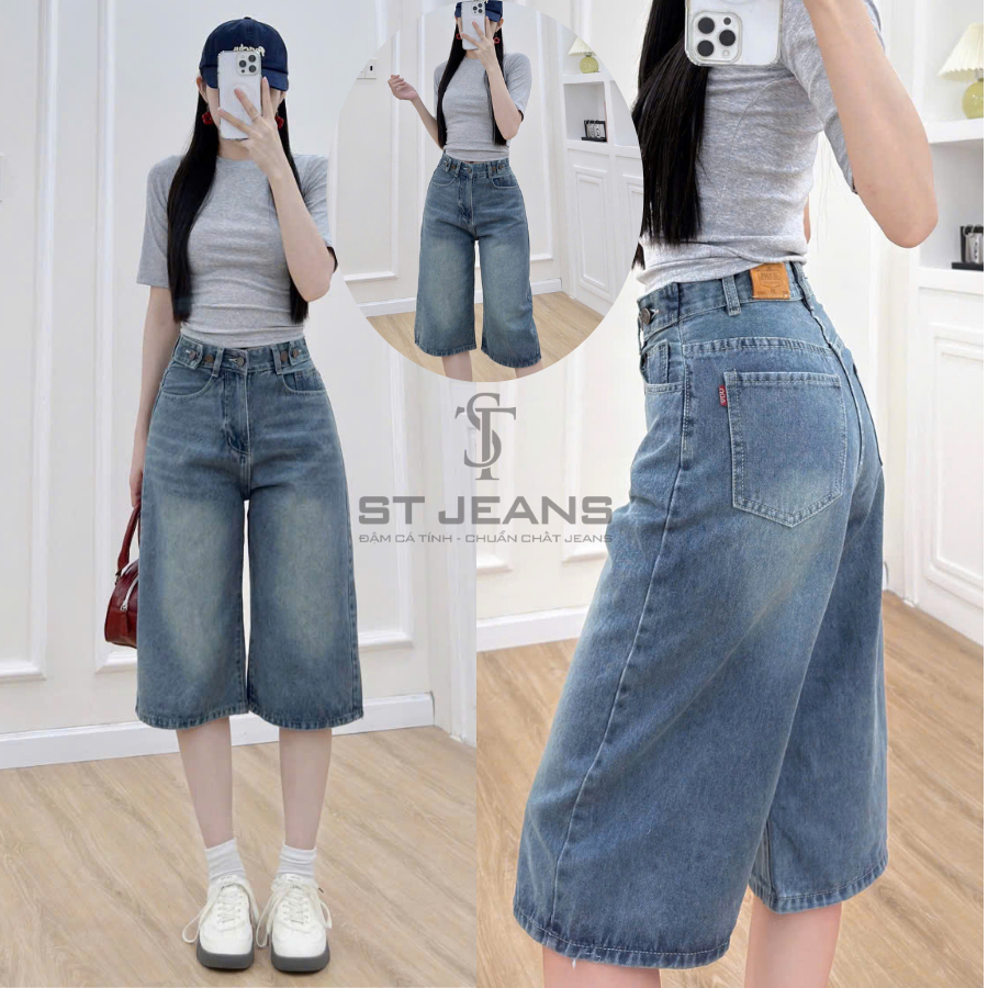 Quần short jean nữ, lưng cao, ống rộng