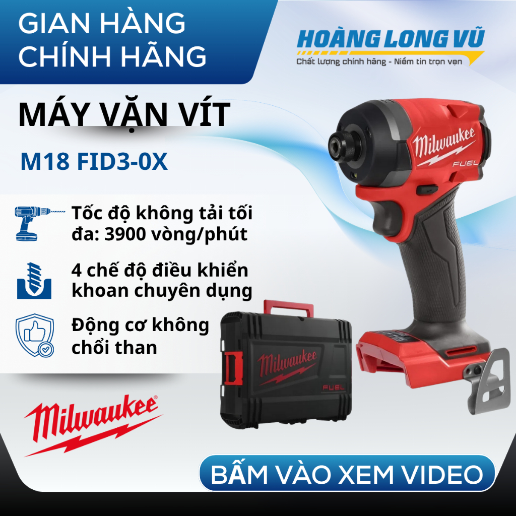 Máy bắt vít Milwaukee M18 FID3-0X 2953 Gen 4 mới nhất, dùng pin 18V, động cơ không chổi than