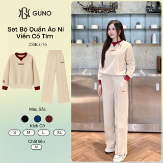 Bộ Quần Áo Nỉ Nữ GUNO Cao Cấp Cổ Tim Logo Thêu Tay Kèm Quần Suông Phối Sọc Gân Hack Dáng SP5 25BG176