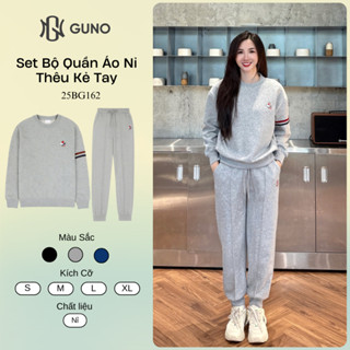 Bộ Quần Áo Nỉ Nữ GUNO Cao Cấp Cổ Tròn Thêu Chó Phối Sọc Ngang Tay Quần Bo Gấu SP5 25BG162