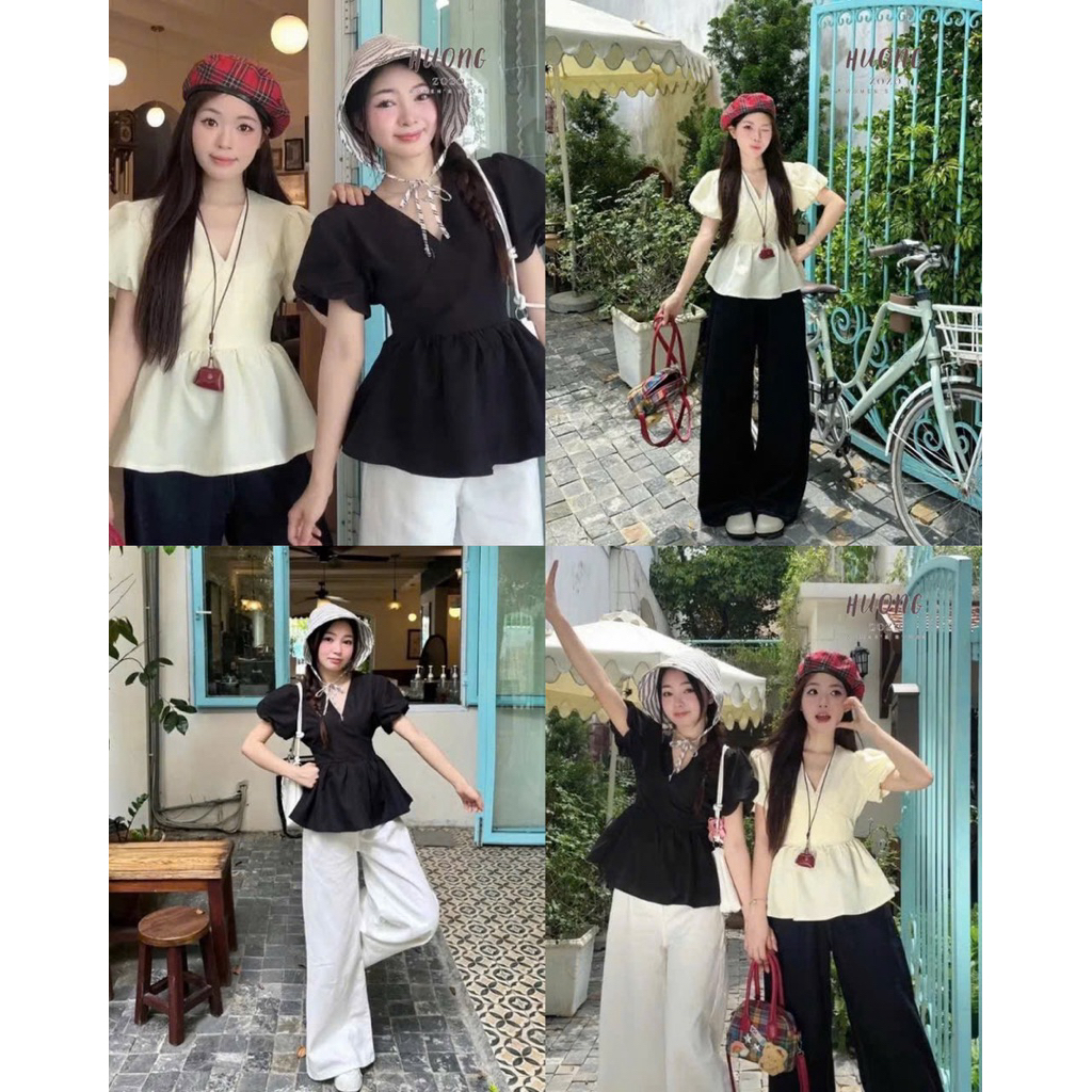 [ KN. BIGSIZE 60-130kg ] áo babydoll from rộng xoè cổ tim ( đen- be)
