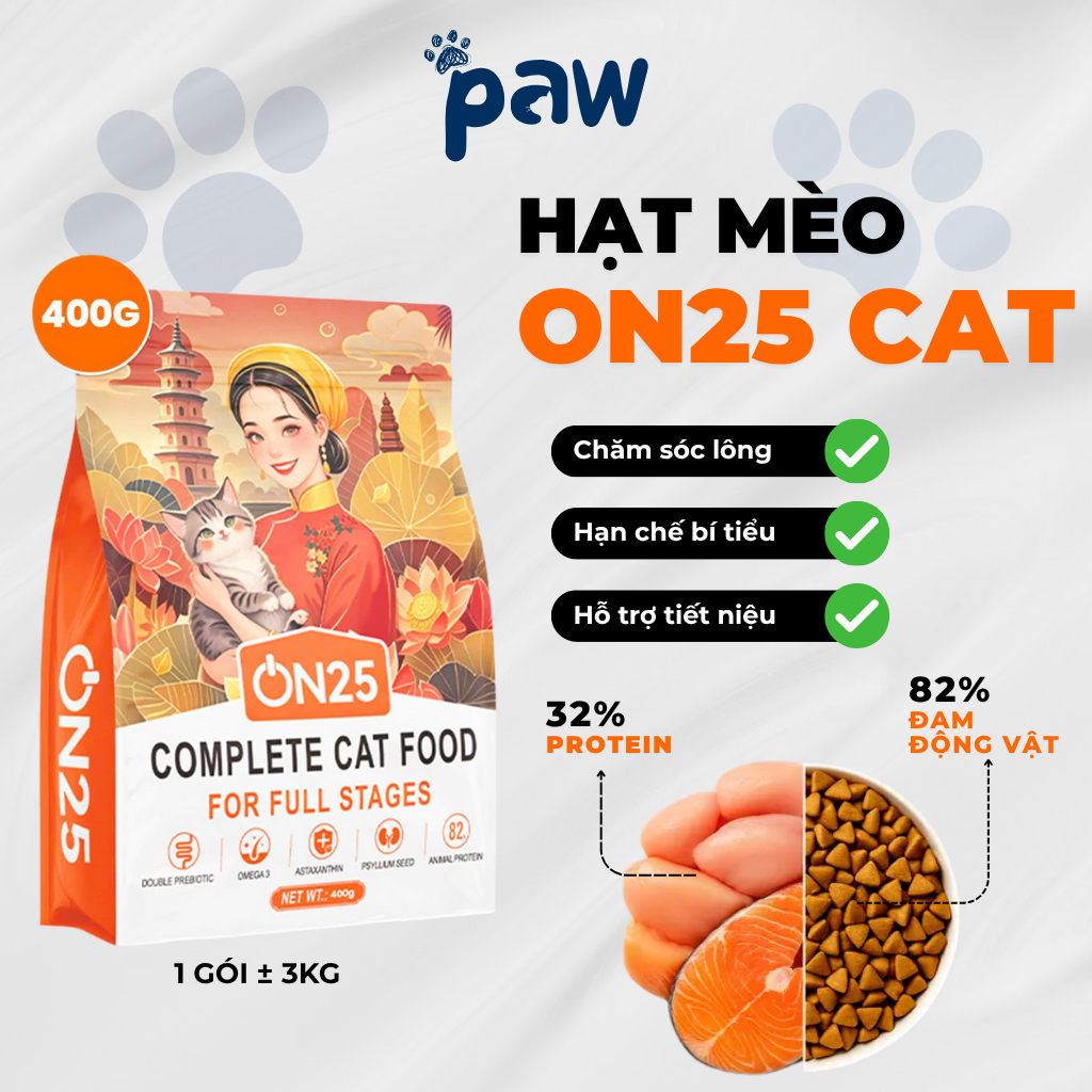 [SEAL 3KG] Hạt cho mèo ON25 CAT – Đạm 32%, Omega-3, dưỡng lông bóng mượt, cho mèo mọi độ tuổi