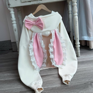 Áo khoác nỉ ép umi hàn hoodiezip form boxy tai thỏ dài phối REN chất liệu nỉ mềm mịn xinh xắn