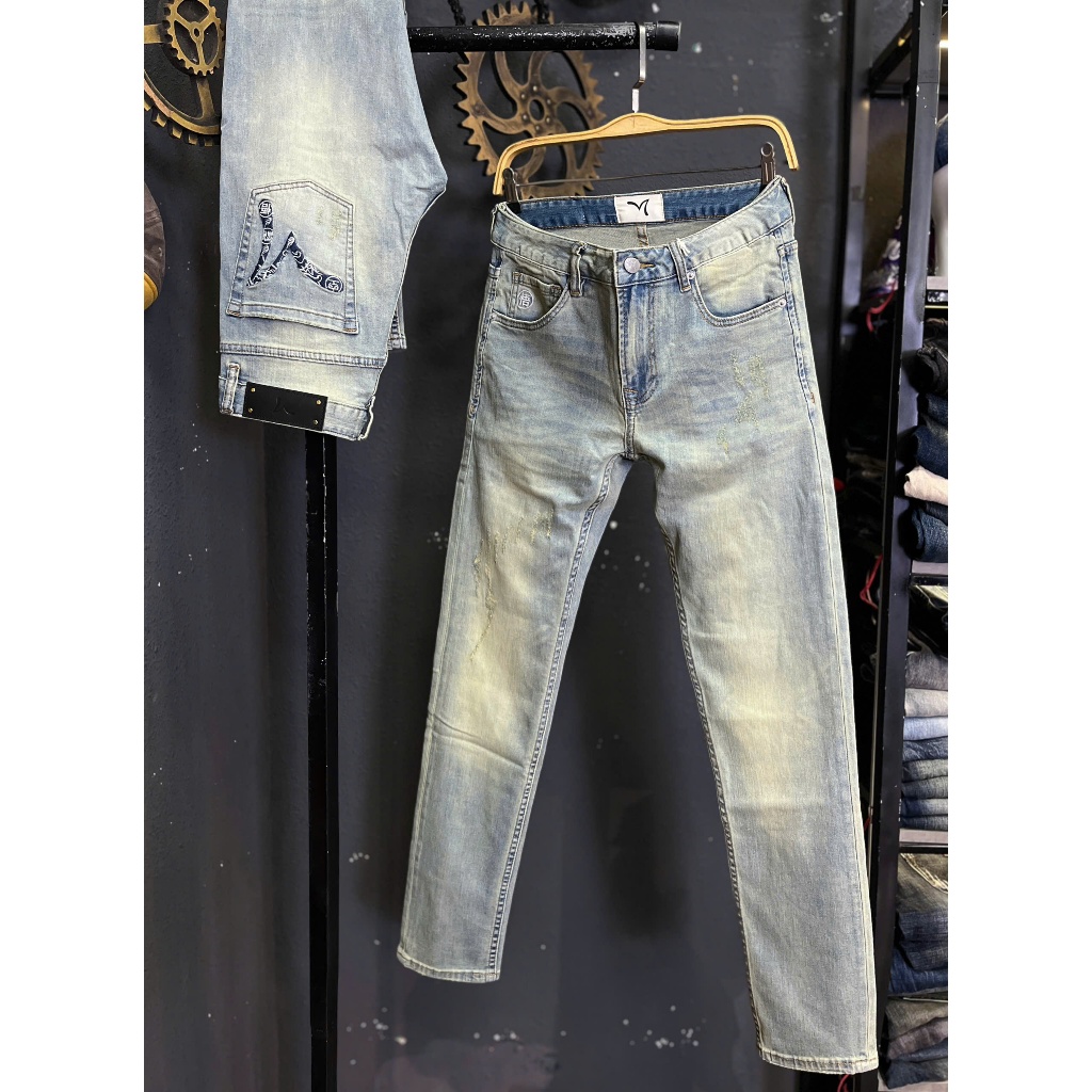 [K3 STORE VN] Quần Jean Nam Dài Denim Guangzhou Màu Xanh Bạc Was Dơ Retro Thêu Túi Xanh JK0403-J3992