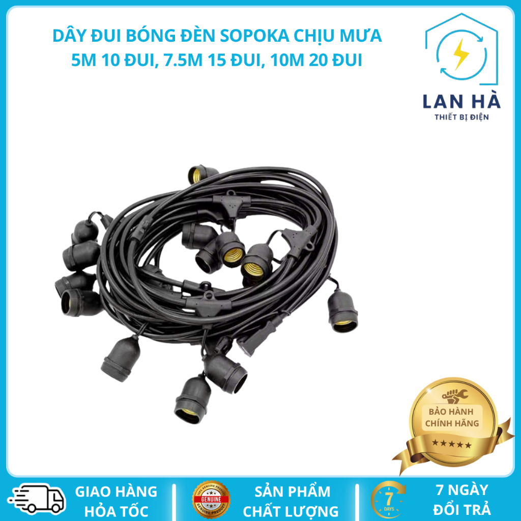 (SOPOKA)Dây đui bóng đèn 5M 10 đui ,7.5M 15 đui, 10M 20 đui trang trí màu đen mối nối đúc