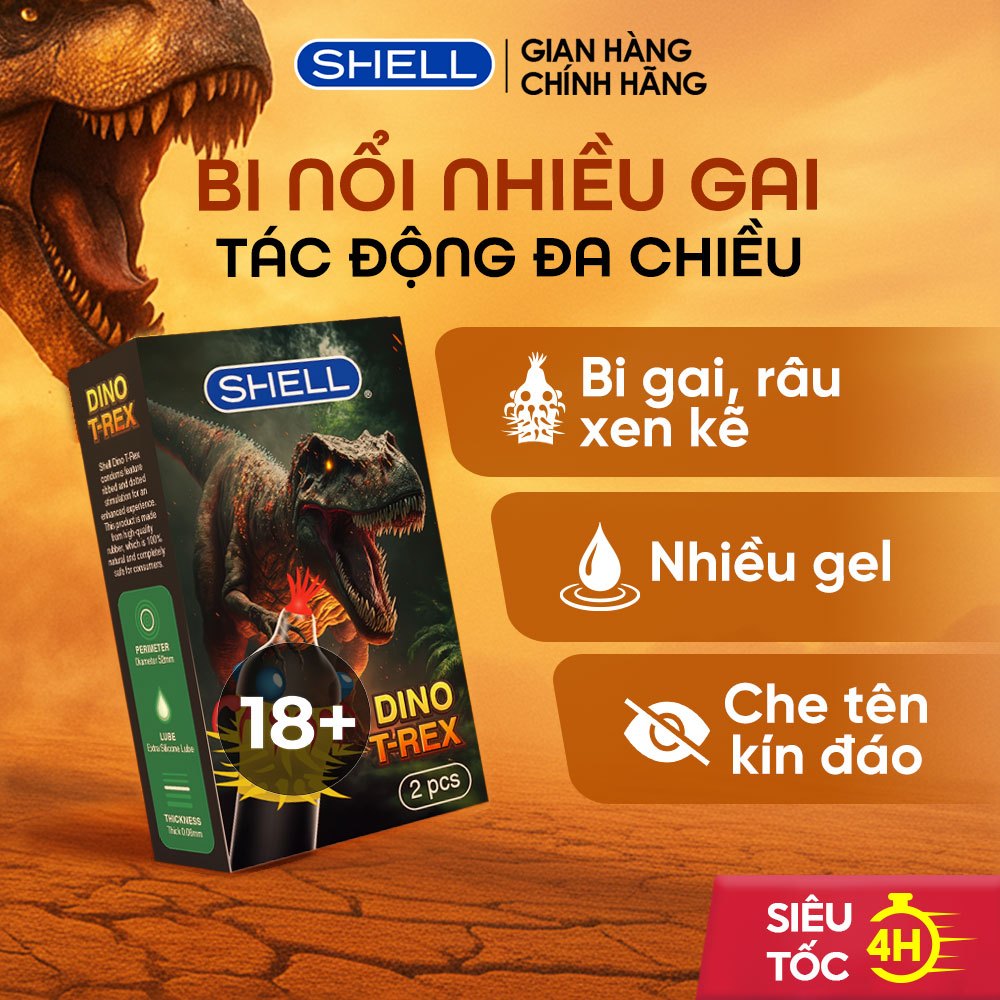 Bao Cao Su Shell Dino T-Rex - 1 Bao Nhiều Hàng Gài, Bi Nổi Lớn + 1 Bao Shell Performax (Hộp 2 Cái)