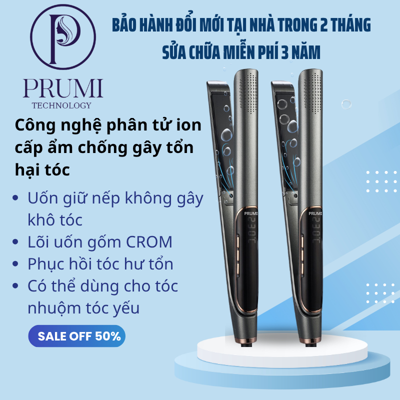 Máy duỗi tóc ép thẳng PRUMI tạo kiểu thẳng xoăn có ion âm và phân tử H20, đèn hồng ngoại bảo vệ tóc tối đa