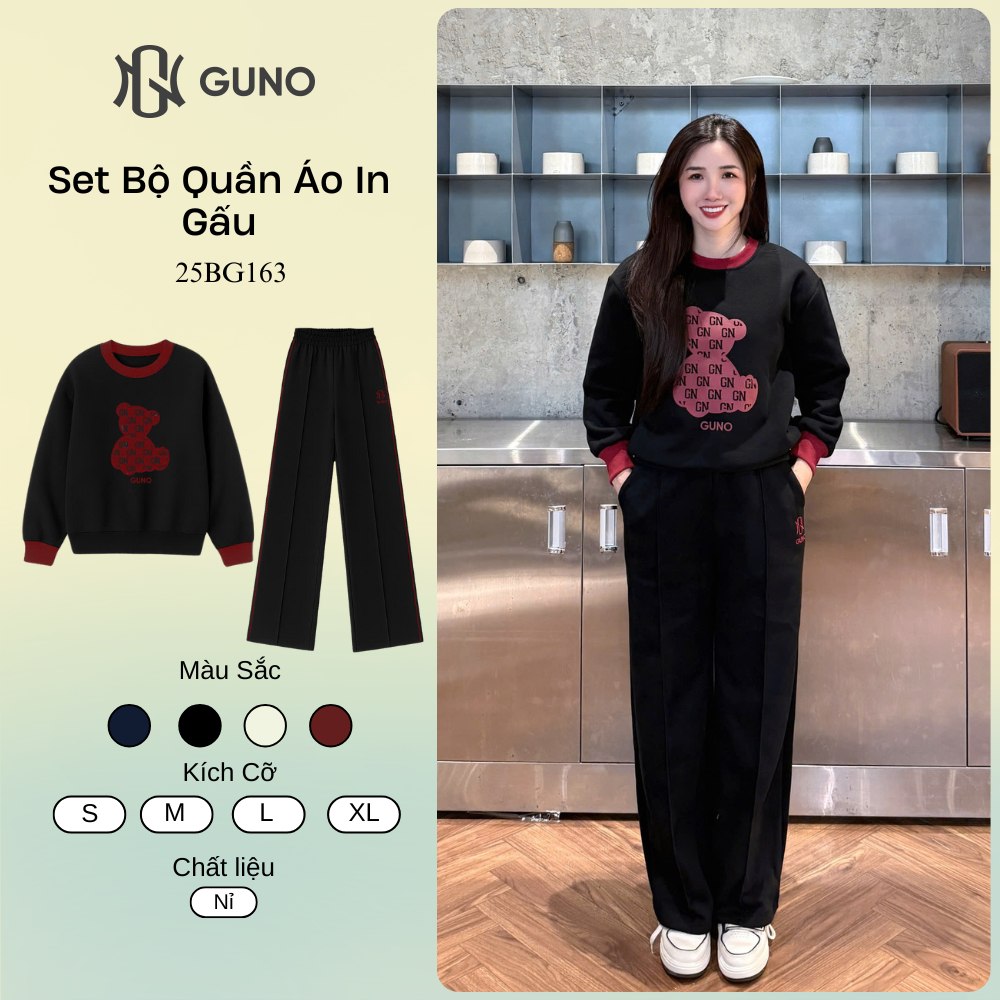  Bộ Quần Áo Nỉ Nữ GUNO Cao Cấp Cổ Tròn In Hình Gấu Kèm Quần Suông Phối Sọc Gân Hack Dáng SP5 25BG163 