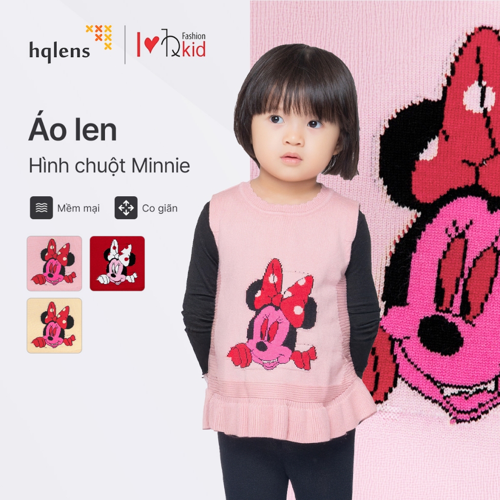 Áo Len Bé Gái Họa Tiết Chuột Minnie – Dáng Gile, Chất Len Mềm Mịn, Co Giãn Thoải Mái – HQLens