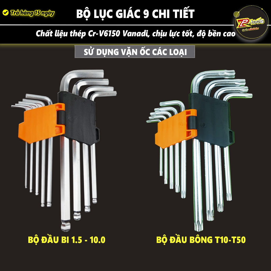 Bộ lục giác 9 chi tiết chính hãng, bộ lục giác đầu bi, bộ lục giác đầu bông I Vặn thoải mái siêu cứng, không rỉ