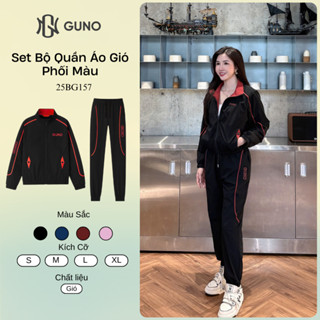 Bộ Quần Áo Gió Nữ GUNO 2 Lớp Lót Habutai Cổ Bẻ Kéo Khóa Phối Sọc Nhỏ Logo Dọc Quần SP5 25BG157