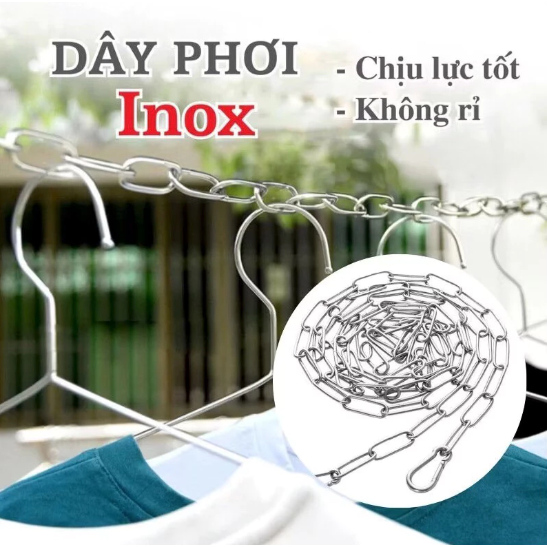 Dây phơi quần áo INOX, Xích inox - CHỐNG XÔ - Nhiều kích thước[2 móc 2 đầu xích] | BigBuy360 - bigbuy360.vn