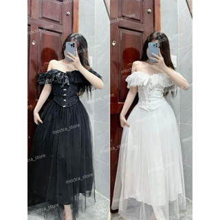  Set Gấm Trễ Vai mix Chân Váy Lưới Dài Xòe 