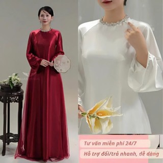  Áo dài lụa ý   LỤA TRÁNG GƯƠNG  dáng xuông truyền thống cổ tròn đính đá tay dài loe-ÁO DÀI HÓT NĂM NAY 