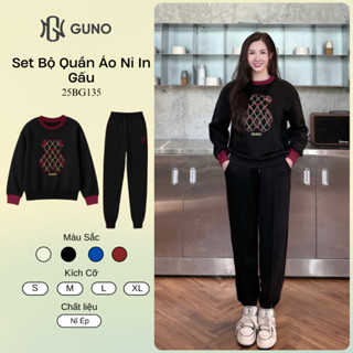 Bộ Quần Áo Nỉ Nữ GUNO In Hình Gấu Cổ Tròn Kèm Quần Bo Gấu Set Bộ Thu Đông Thời Trang SP5 25BG135
