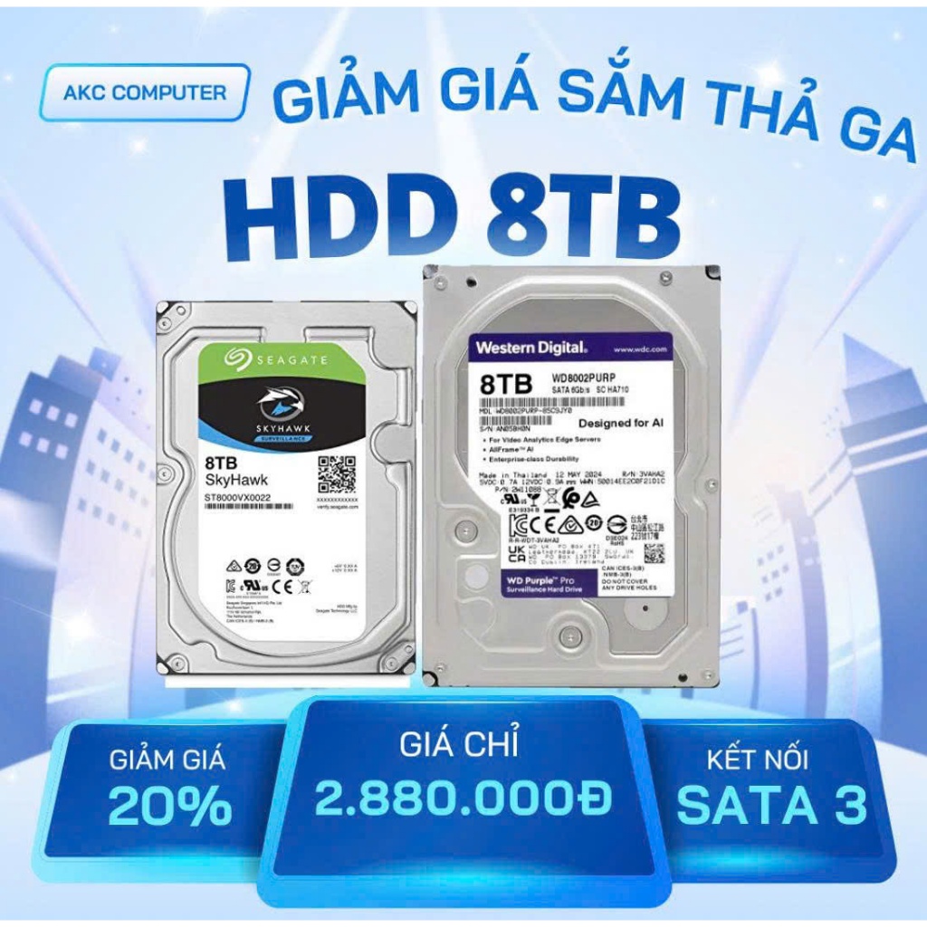 Ổ Cứng HDD 8TB – Seagate SkyHawk / WD Purple – SATA III, Chính Hãng, Bảo Hành